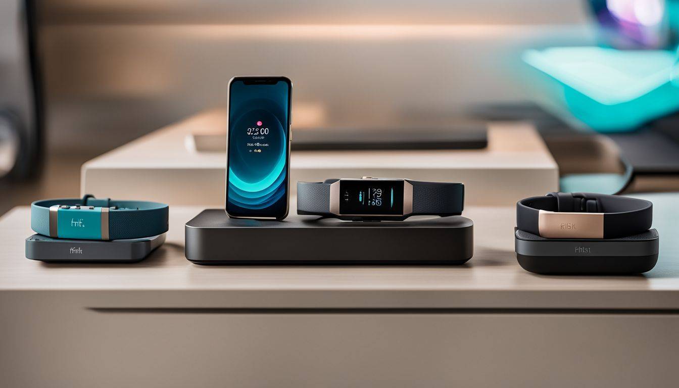 A variety of Fitbit models on a sleek charging dock.