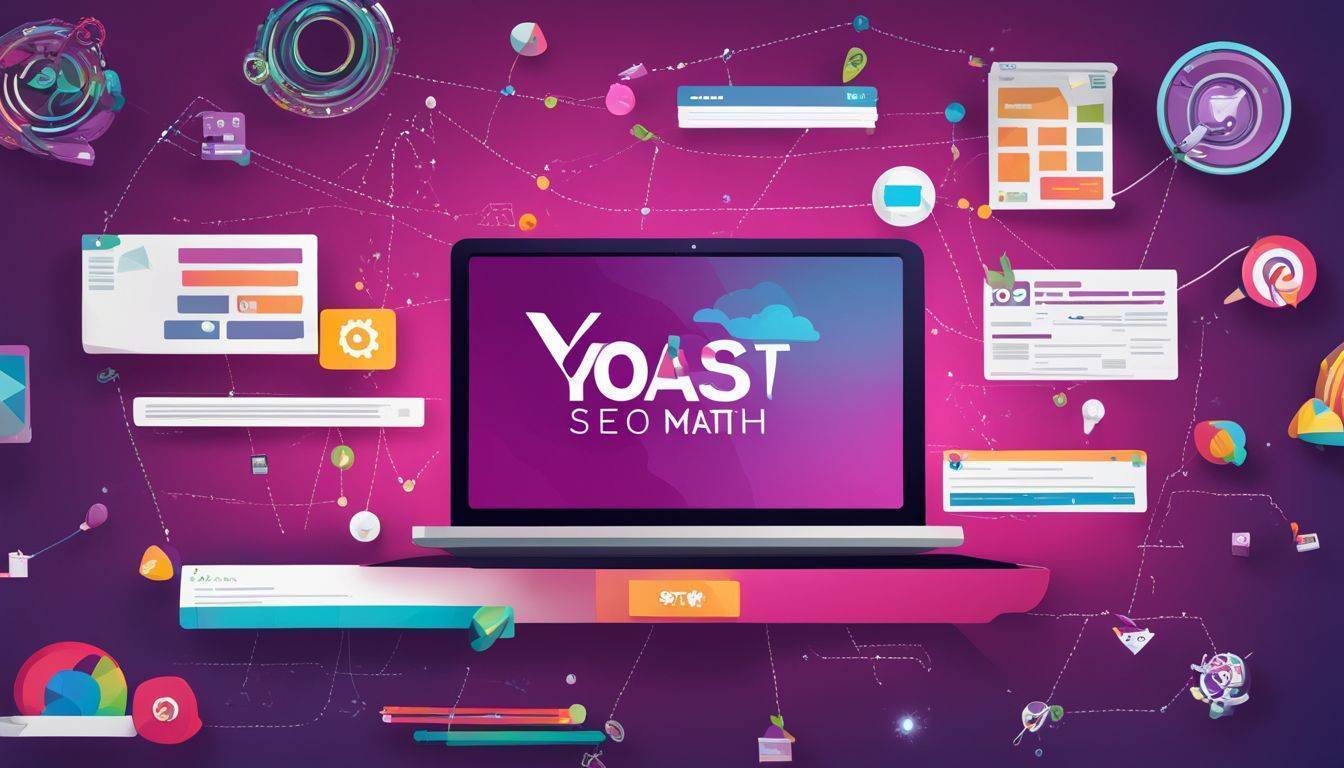 A laptop displaying Yoast SEO and Rank Math logos with SEO-related objects.