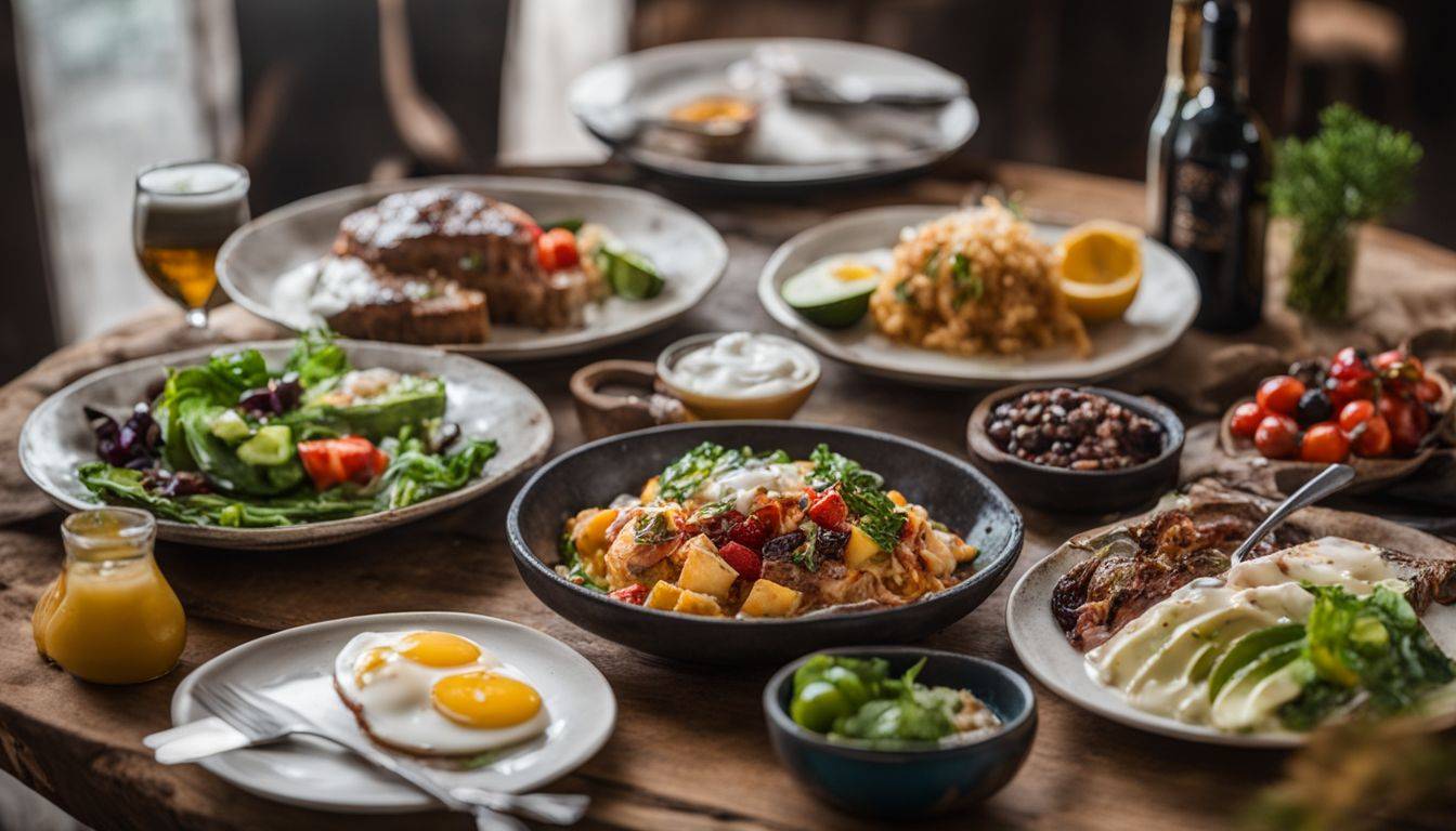 A plate of colorful keto-friendly food displayed on a rustic wooden table.