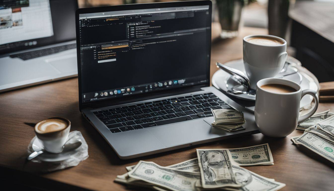 A laptop surrounded by money and coffee on a desk.