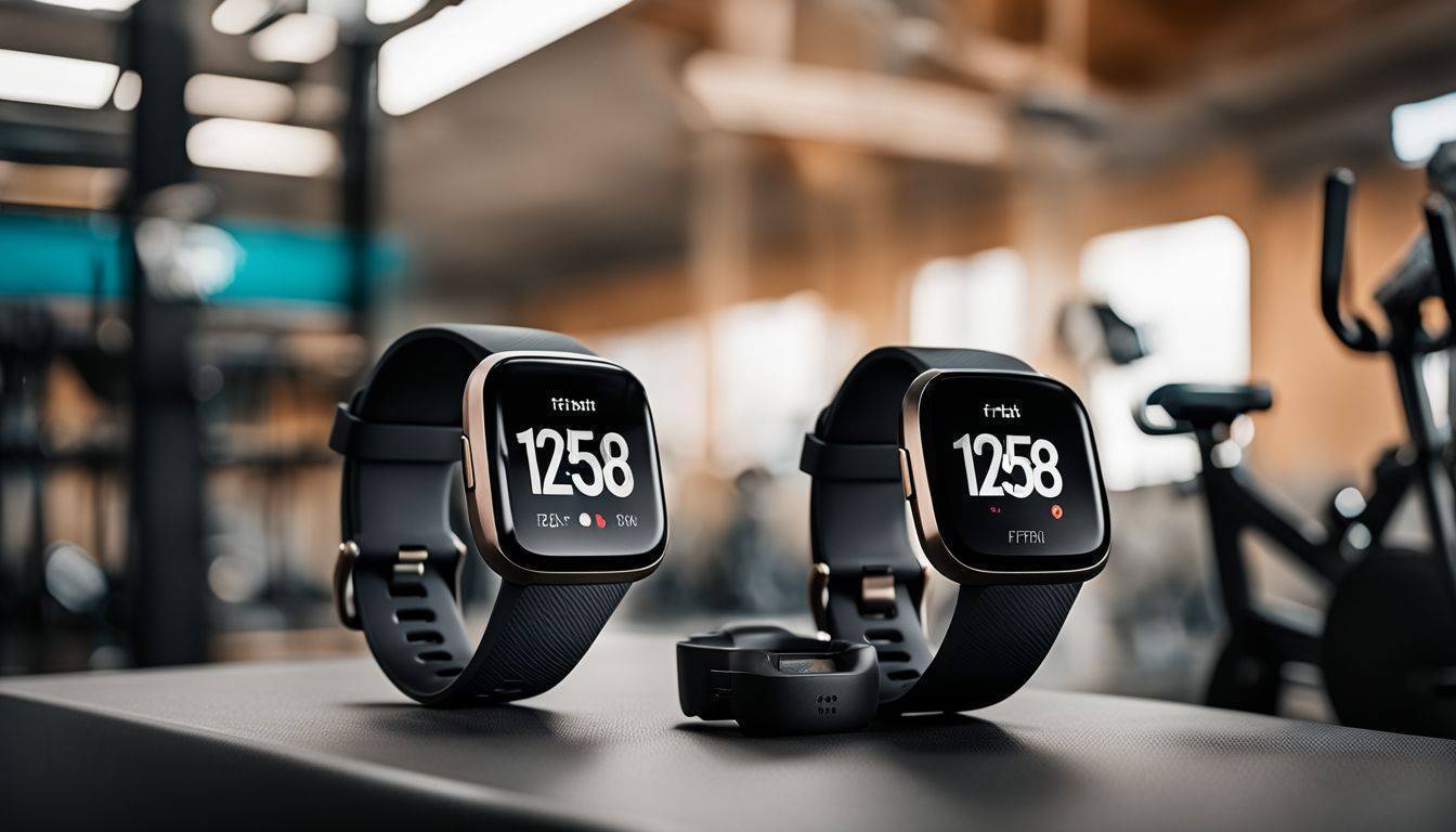 A Fitbit Versa 4 surrounded by fitness equipment in a gym.