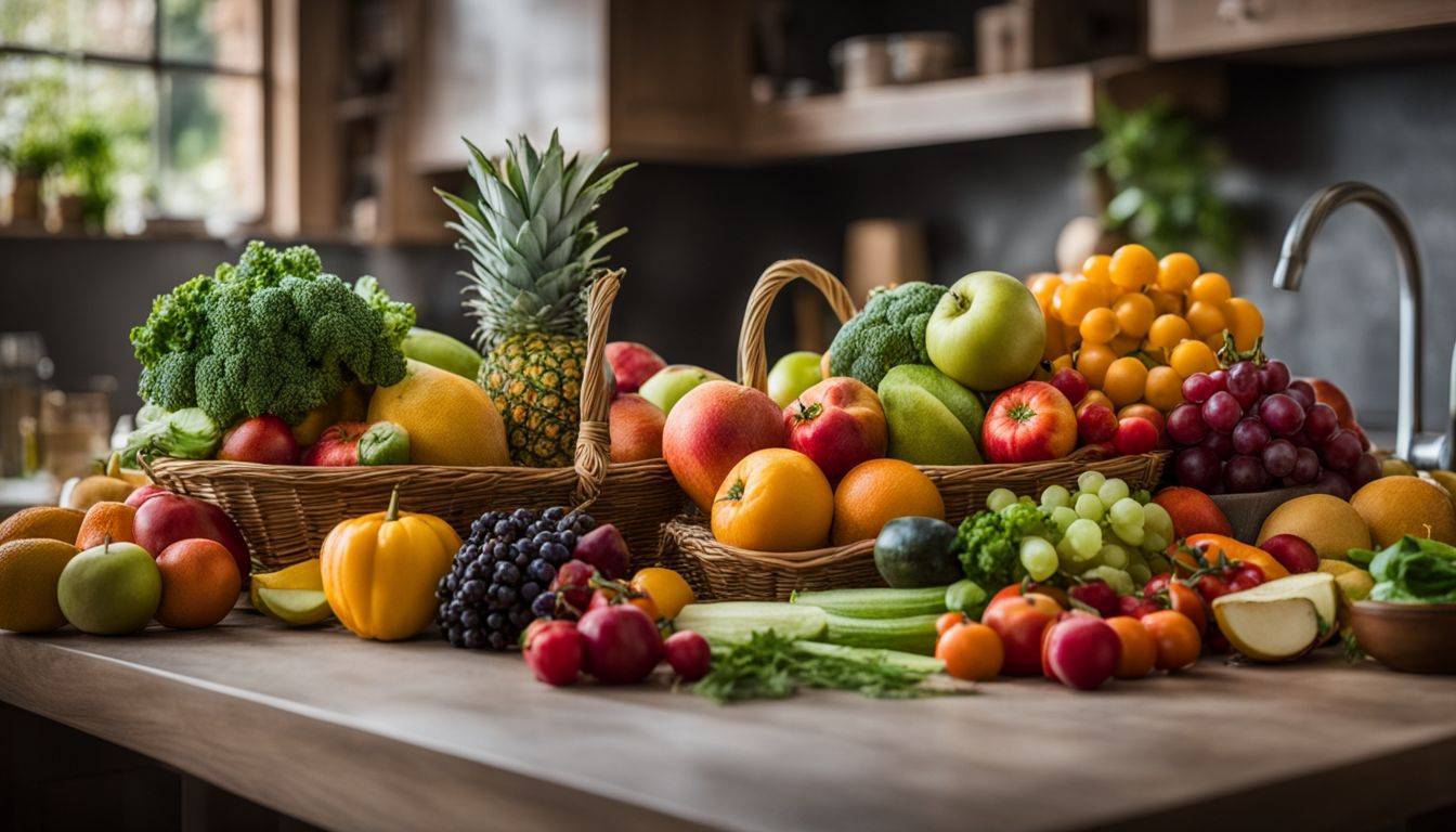 A variety of colorful fruits and vegetables displayed on a kitchen counter.