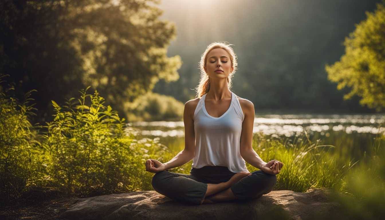 A woman peacefully meditating in a serene natural setting.