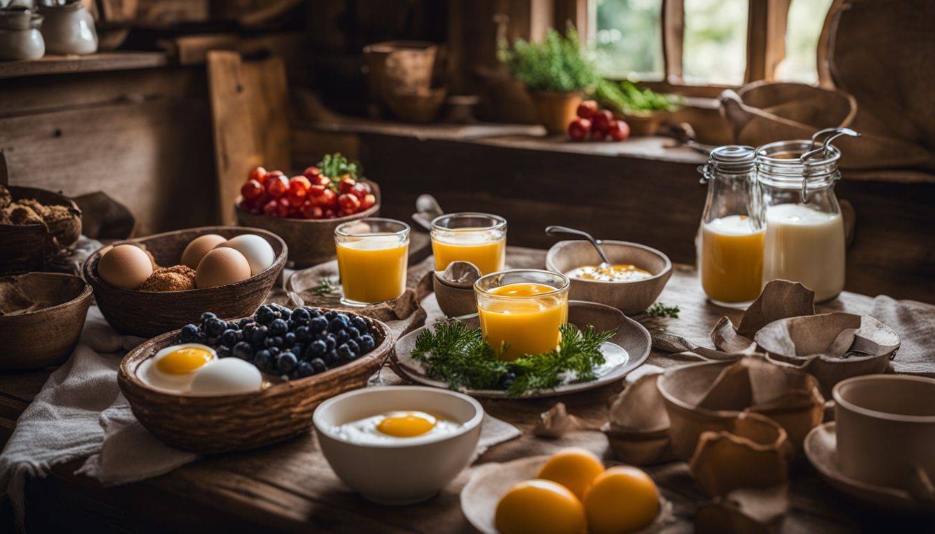 A rustic breakfast spread in a cozy countryside kitchen.