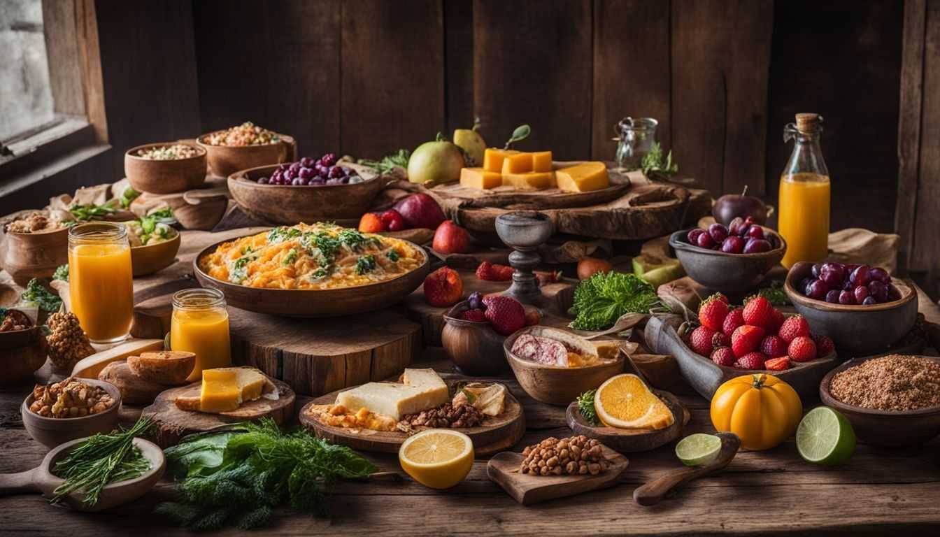 A variety of nutrient-dense foods displayed on a wooden table.