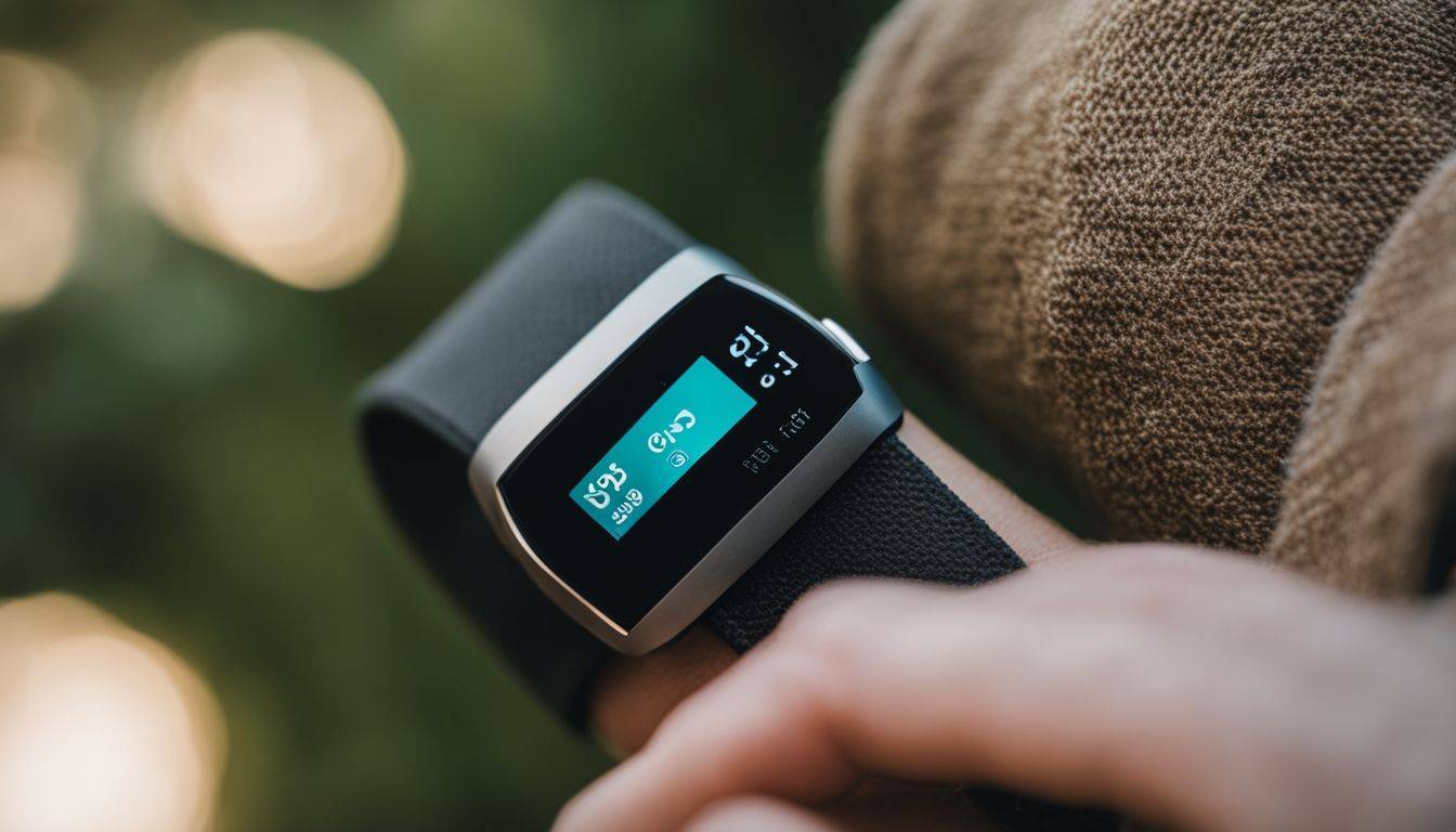 A Fitbit on a wrist surrounded by different nature backgrounds.