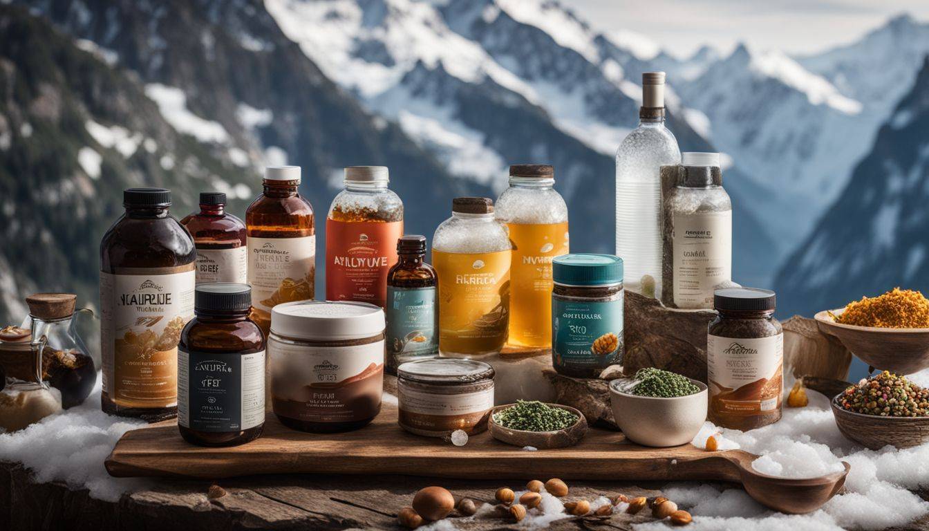 A variety of Alpine ingredients and supplements against an icy backdrop.