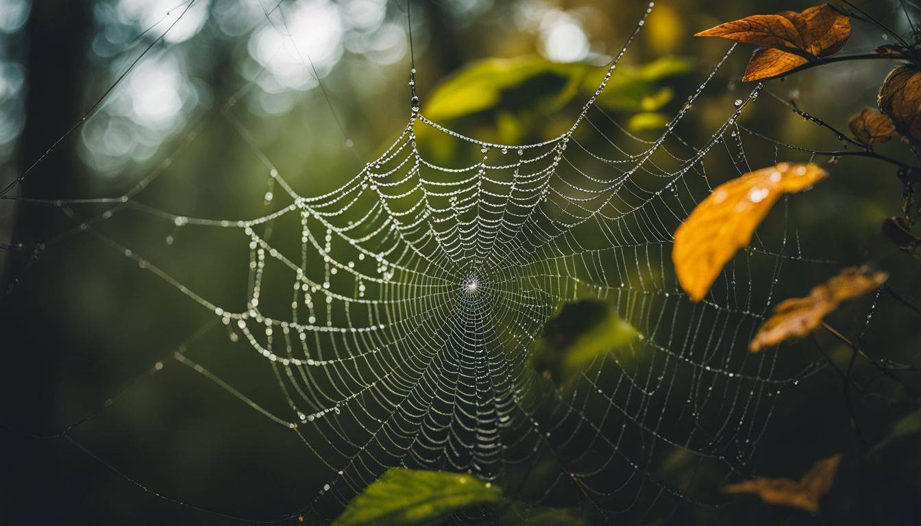 Macro photography of a spiderweb with dewdrops in a forest.