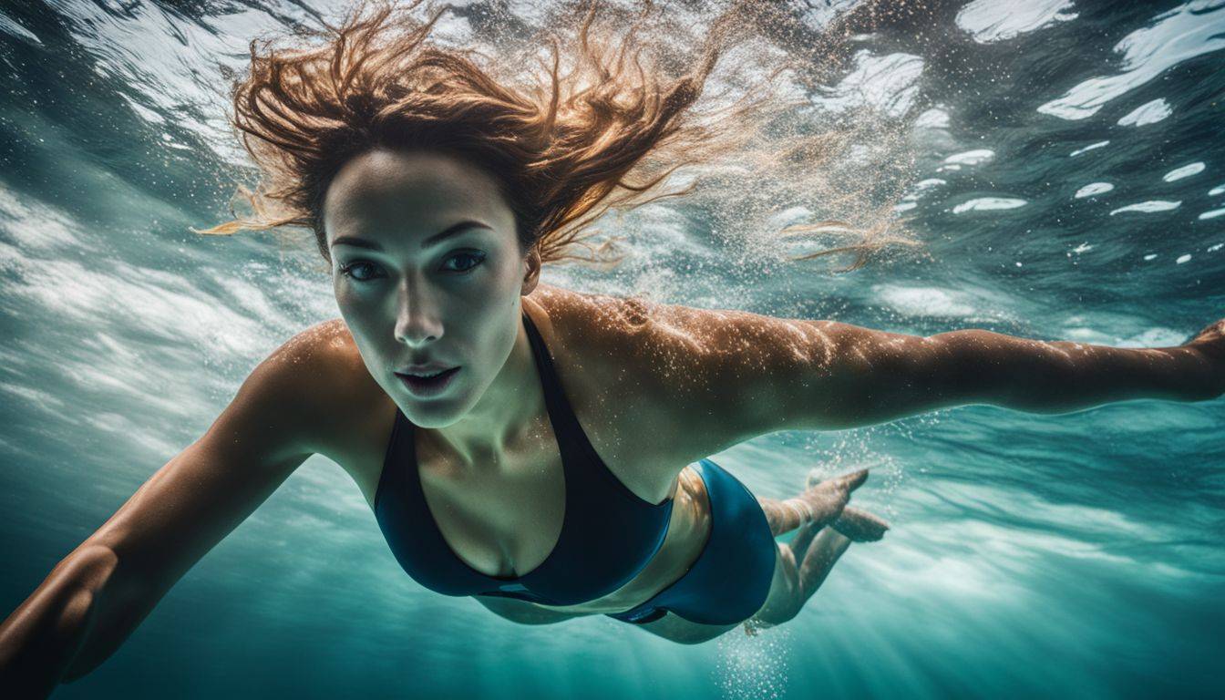 An underwater swimmer glides through a vibrant aquatic environment.