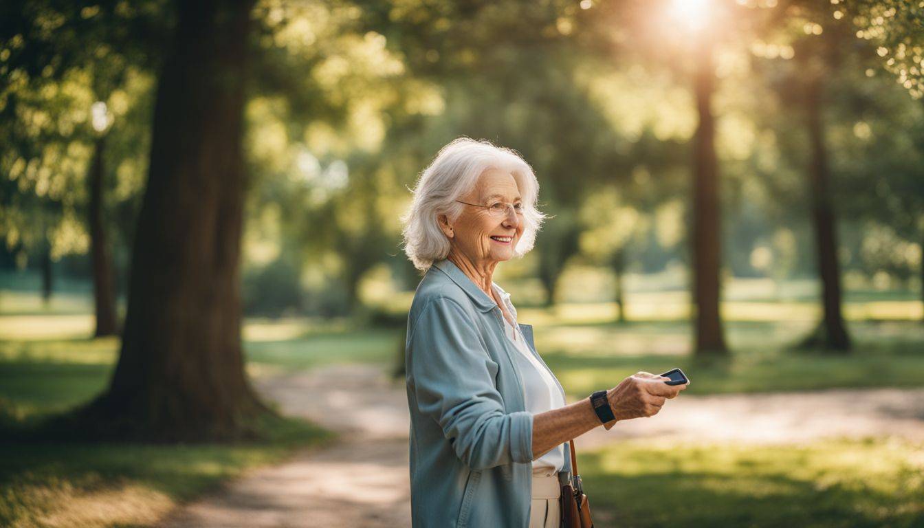 A senior walks in a peaceful park with a fitness tracker.
