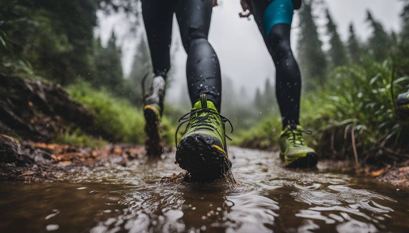 Waterproof running shoes on a rugged trail surrounded by puddles and raindrops.