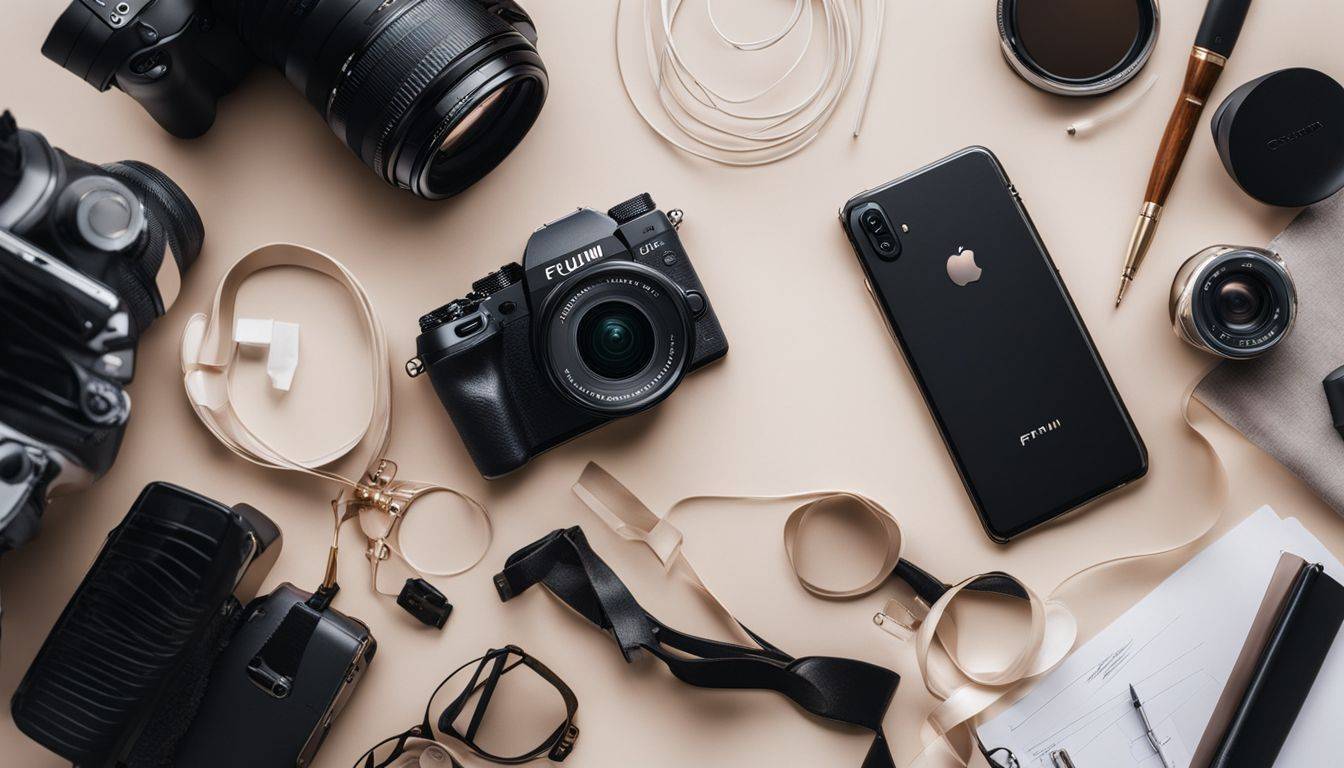 A phone surrounded by photography accessories and office supplies.