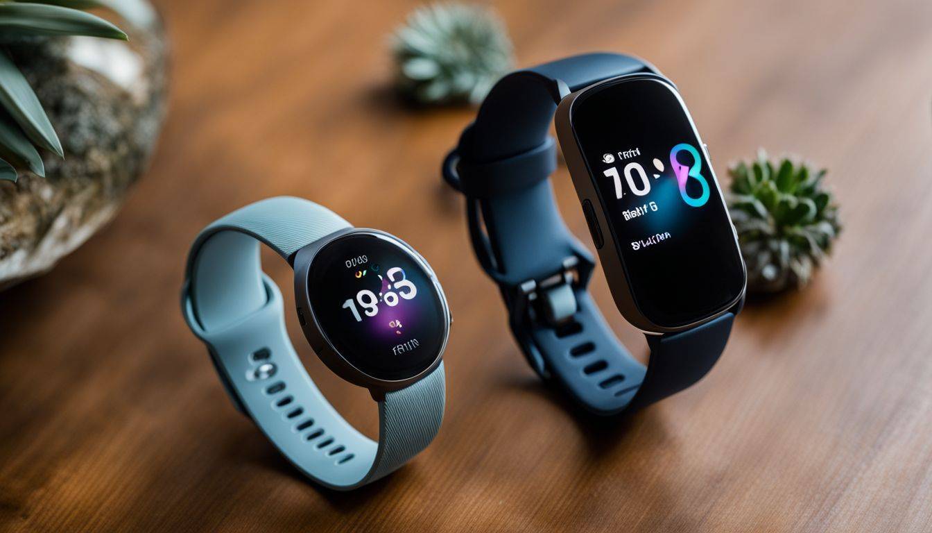 A comparison of Fitbit Inspire 2 and Inspire 3 surrounded by modern tech gadgets.
