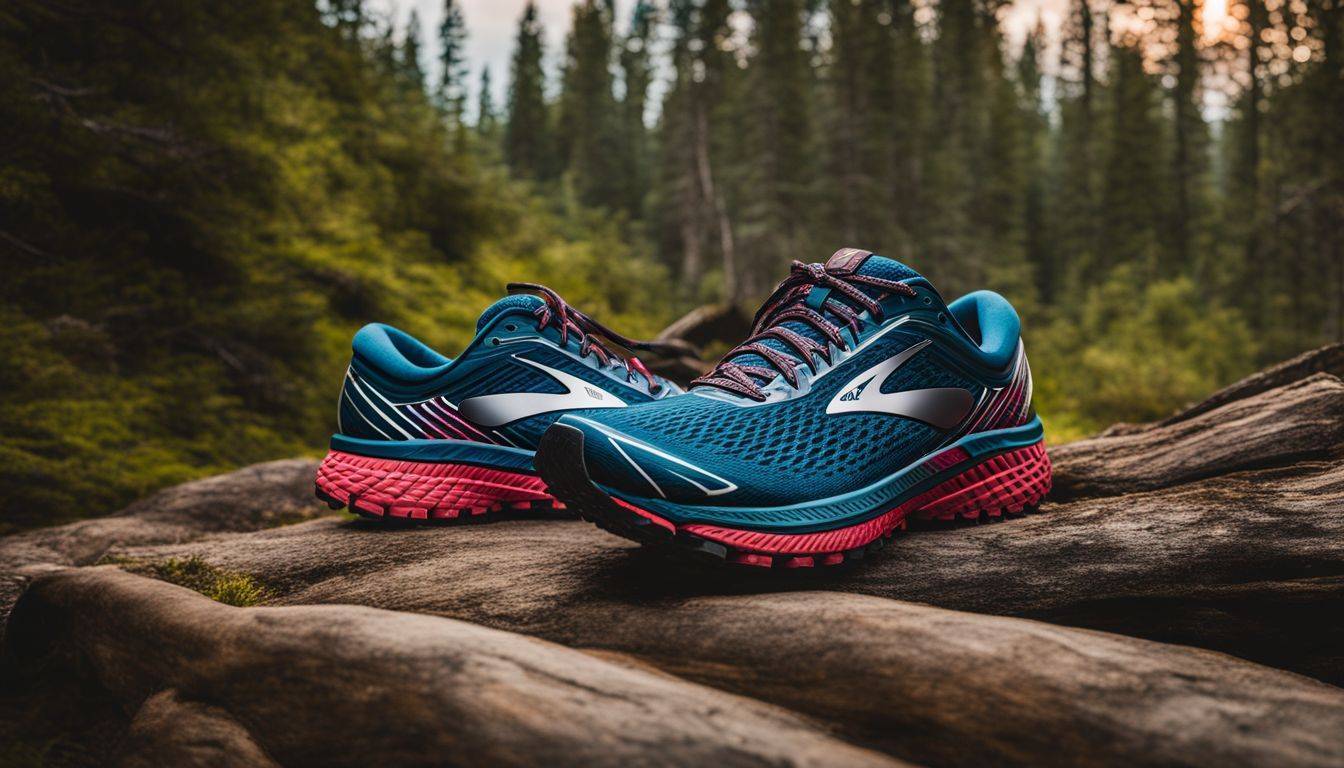 A pair of Brooks Ghost 15 running shoes on a scenic trail.