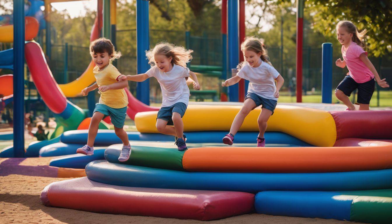 A diverse group of children playing in a vibrant playground.