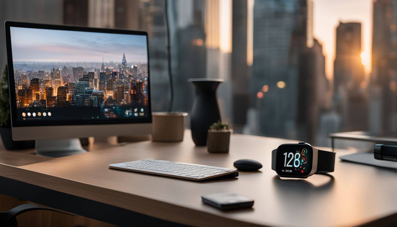 The Fitbit Charge 5 displayed on a modern desk without any people.