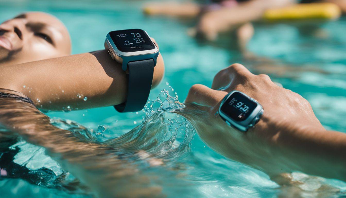 Fitbit devices with water lock feature in a pool, showcasing versatility.