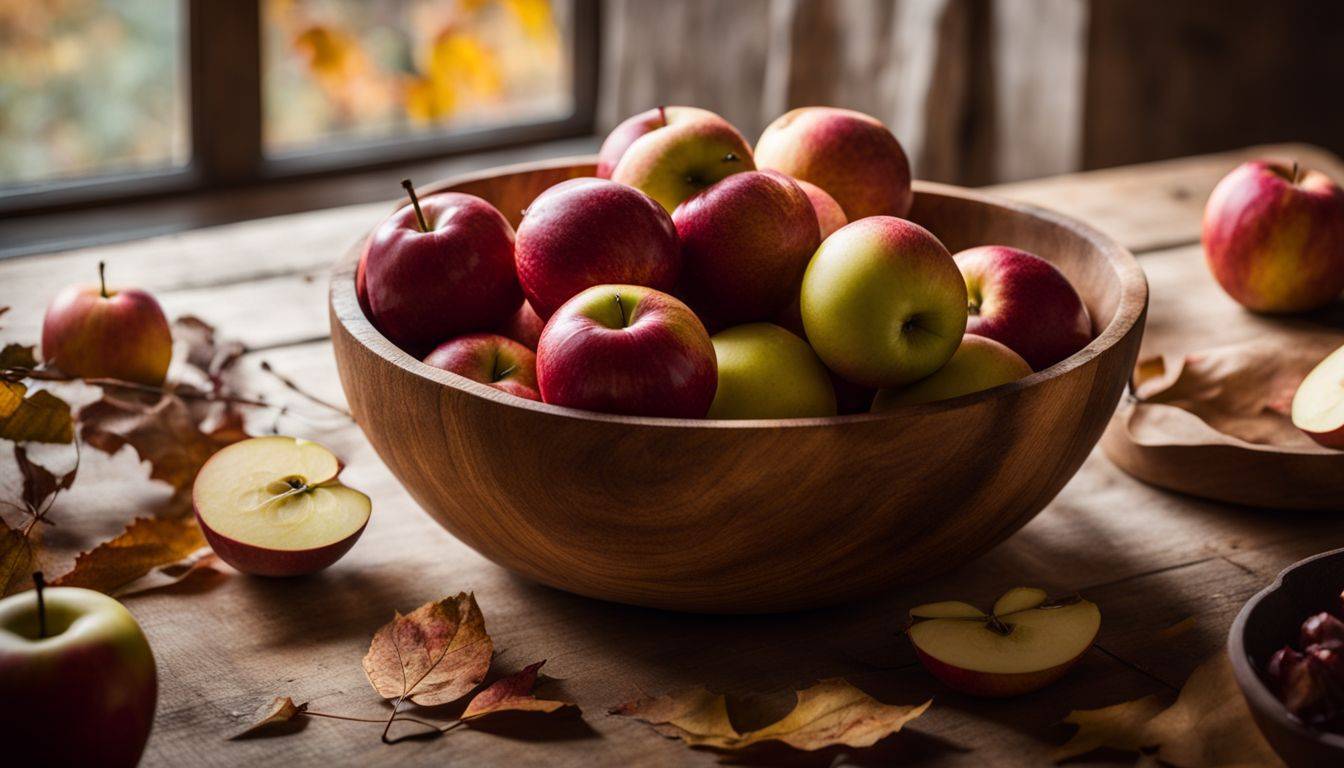 Freshly picked apples arranged in a rustic wooden bowl surrounded by autumn leaves.