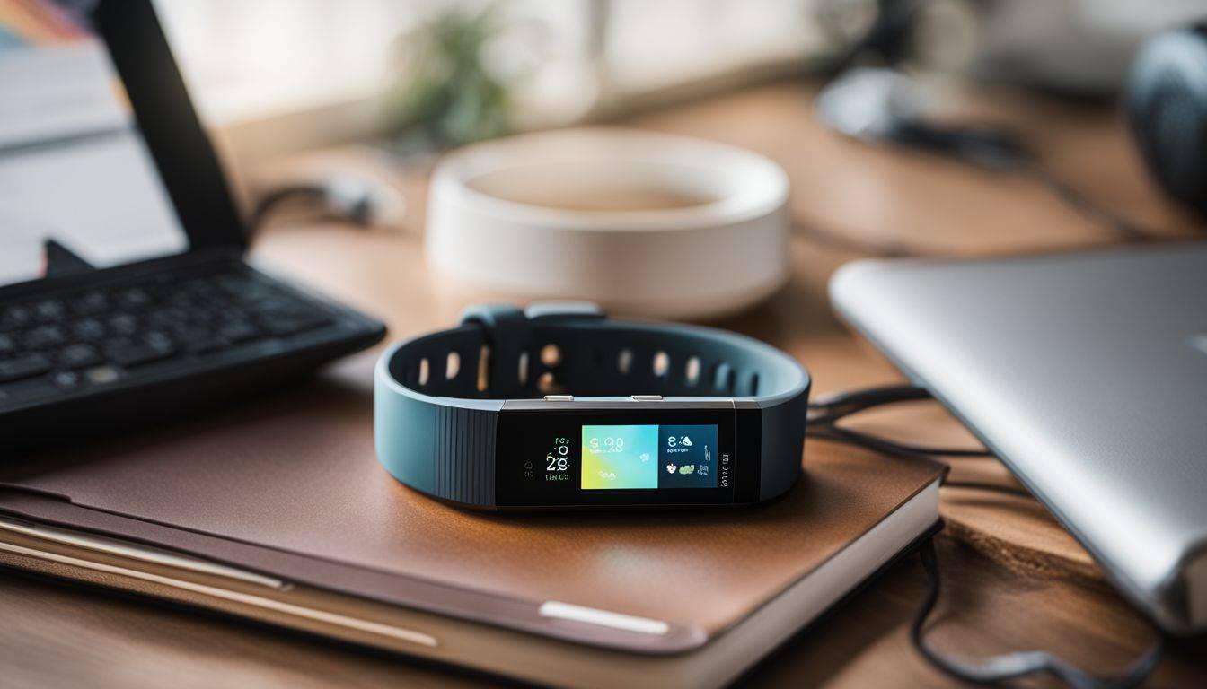 A Fitbit device displayed on a desk with surrounding fitness equipment.