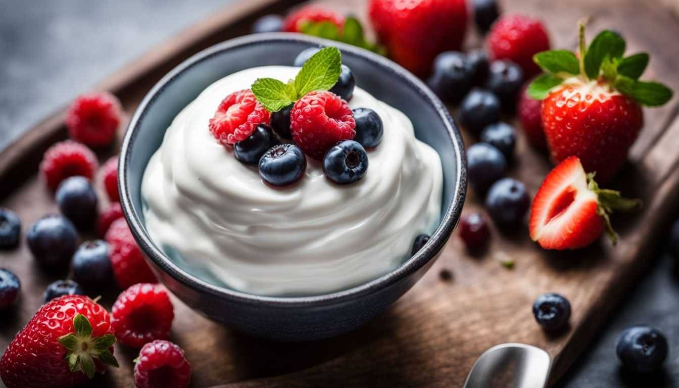 A close-up still life photo of a bowl of Greek yogurt topped with fresh mixed berries.
