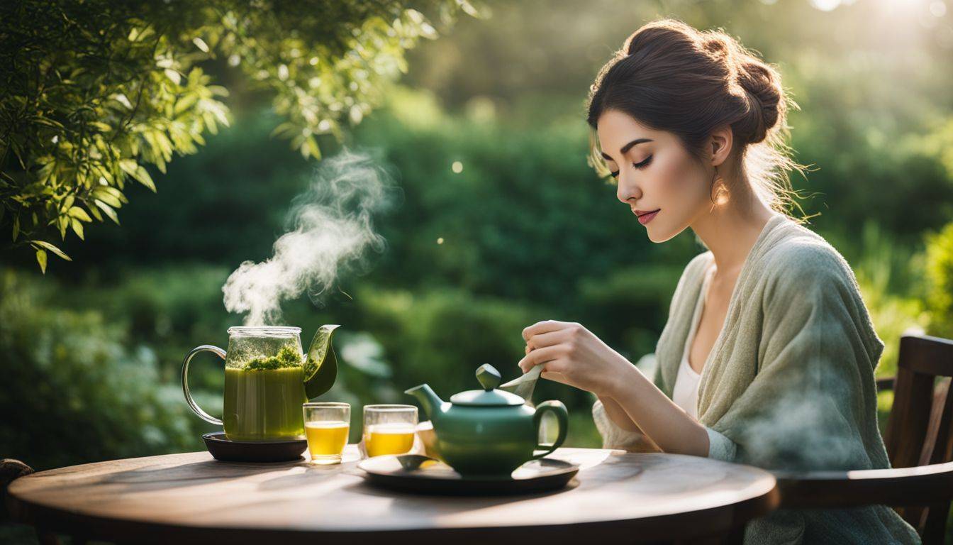 A steaming cup of green tea in a tranquil garden.