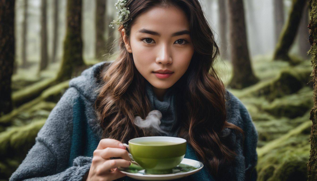 A person holding a cup of green tea in a natural setting.