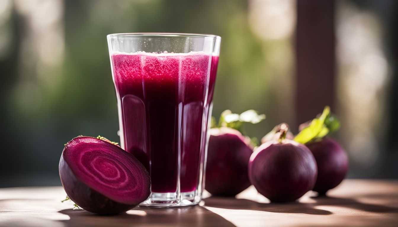 A close-up photo of freshly squeezed beet juice in a glass.