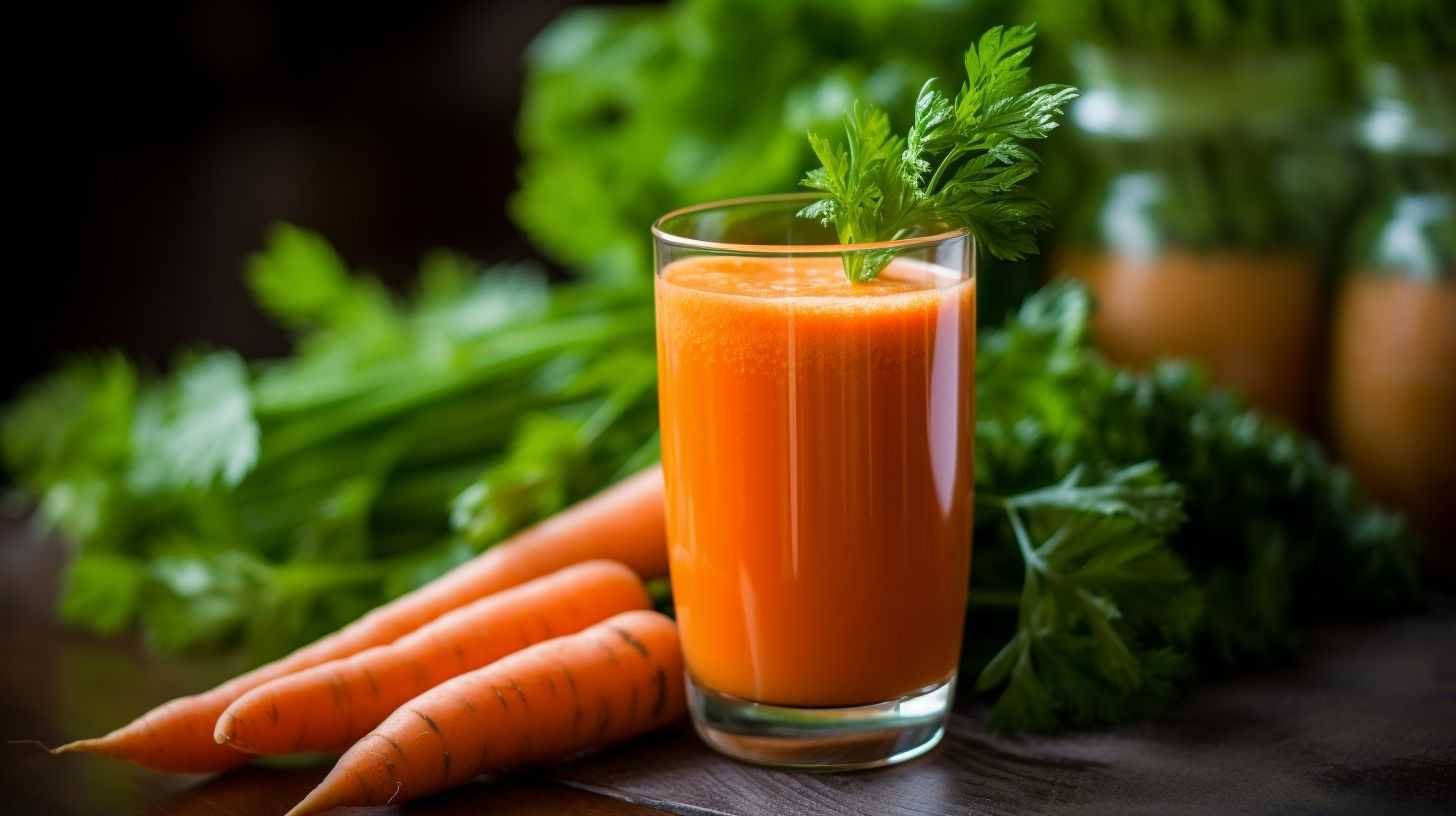 A macro photograph featuring a glass of carrot juice with vegetables.