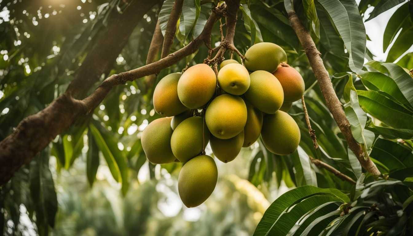 A cluster of ripe mangoes hanging from a tree branch in a lush tropical garden.