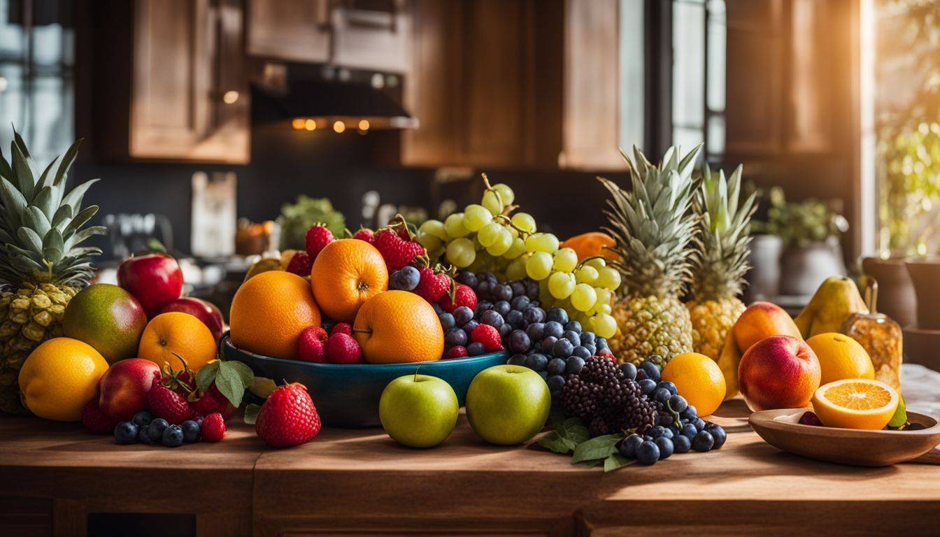 A vibrant still life photo of assorted ripe fruits in a sunlit kitchen.