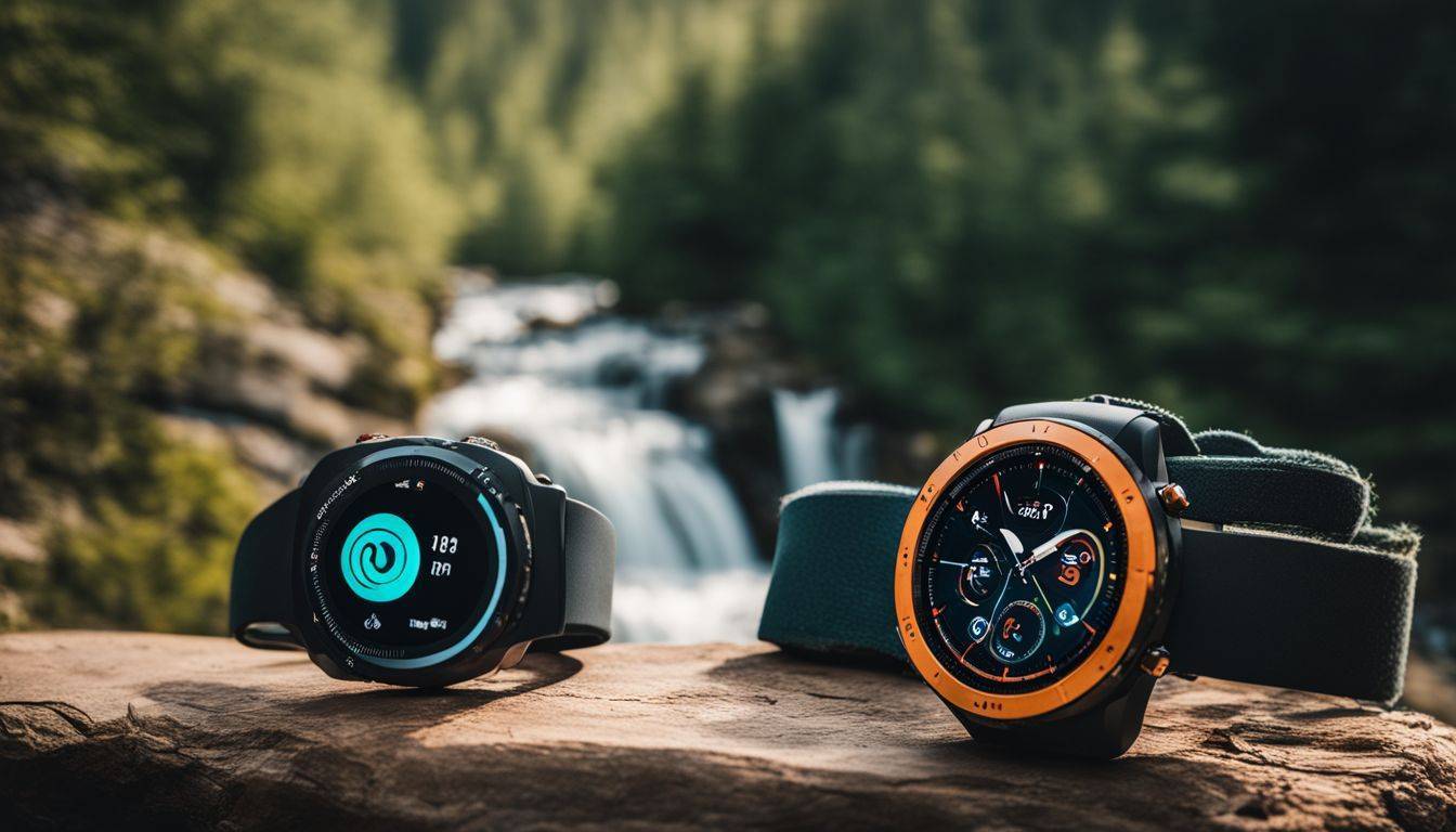 A smartwatch with health and fitness features on a scenic hiking trail.