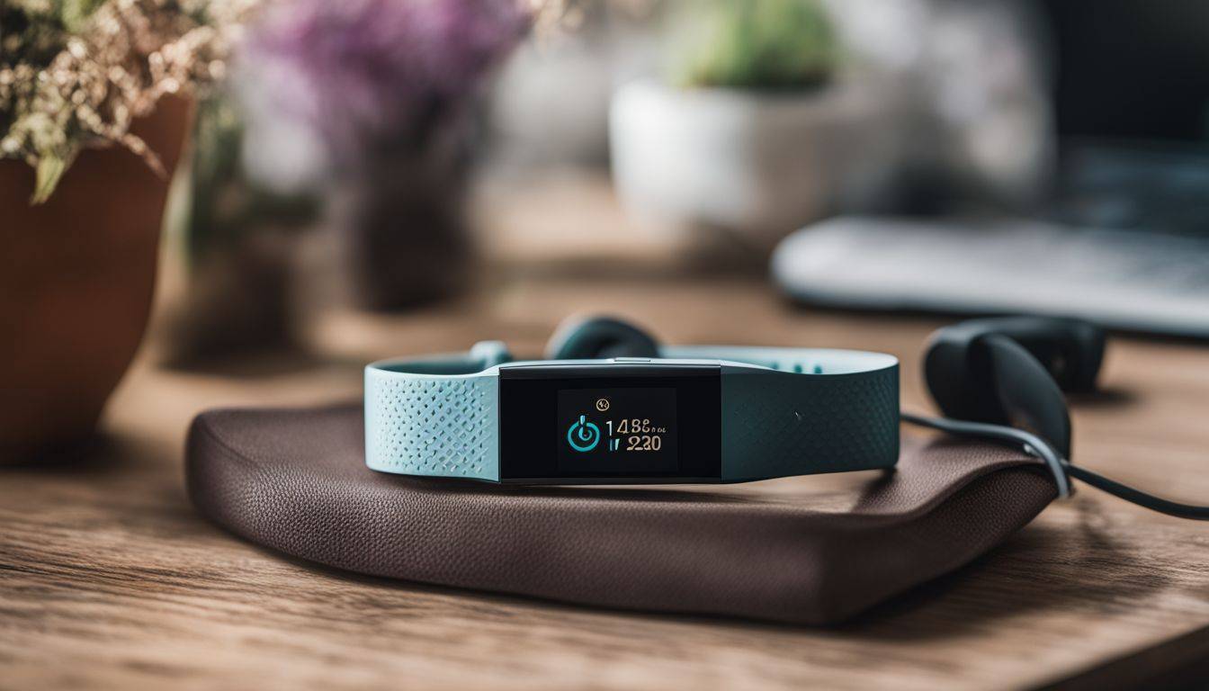 A Fitbit surrounded by fitness and health-related items in a bustling atmosphere.