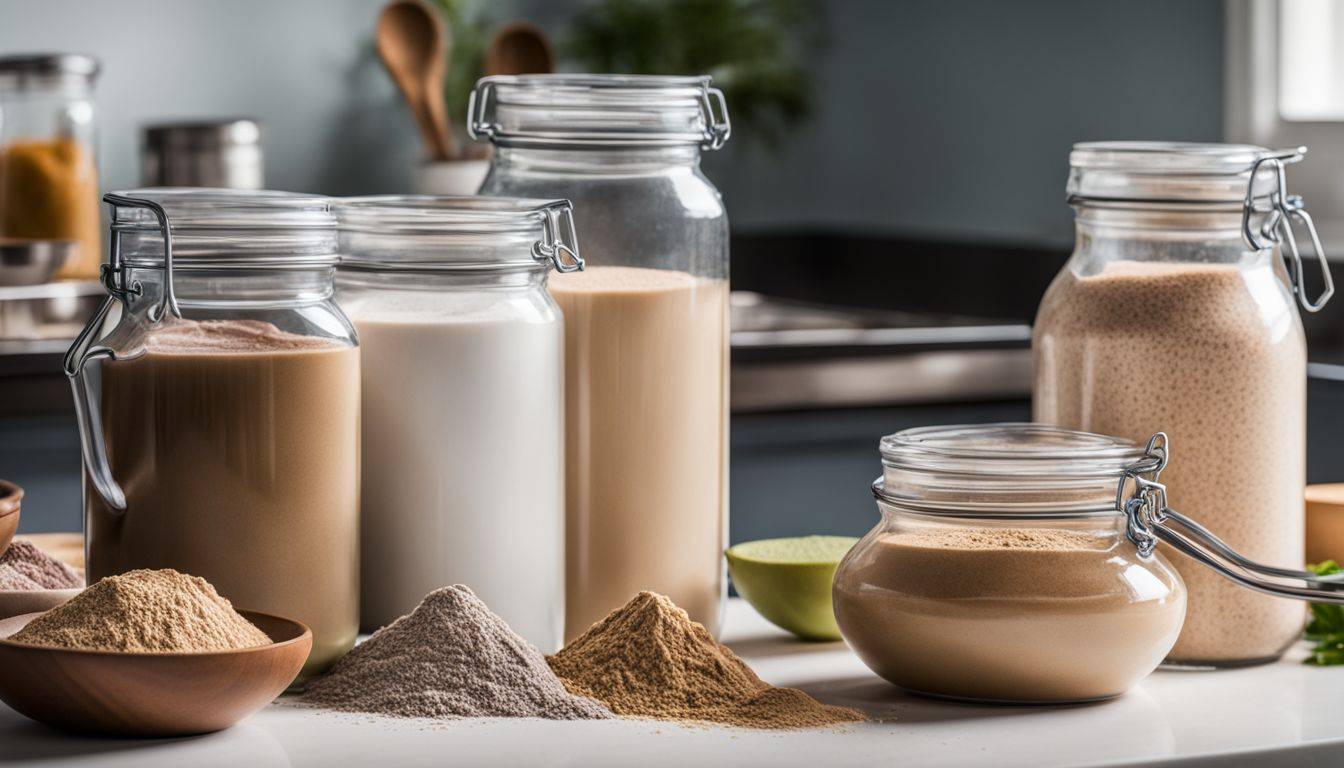 A variety of protein powder jars and scoops on a kitchen counter.