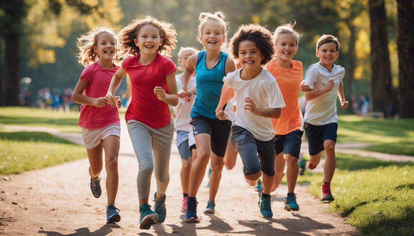 A group of happy kids wearing fitness trackers playing outdoor games in a park.