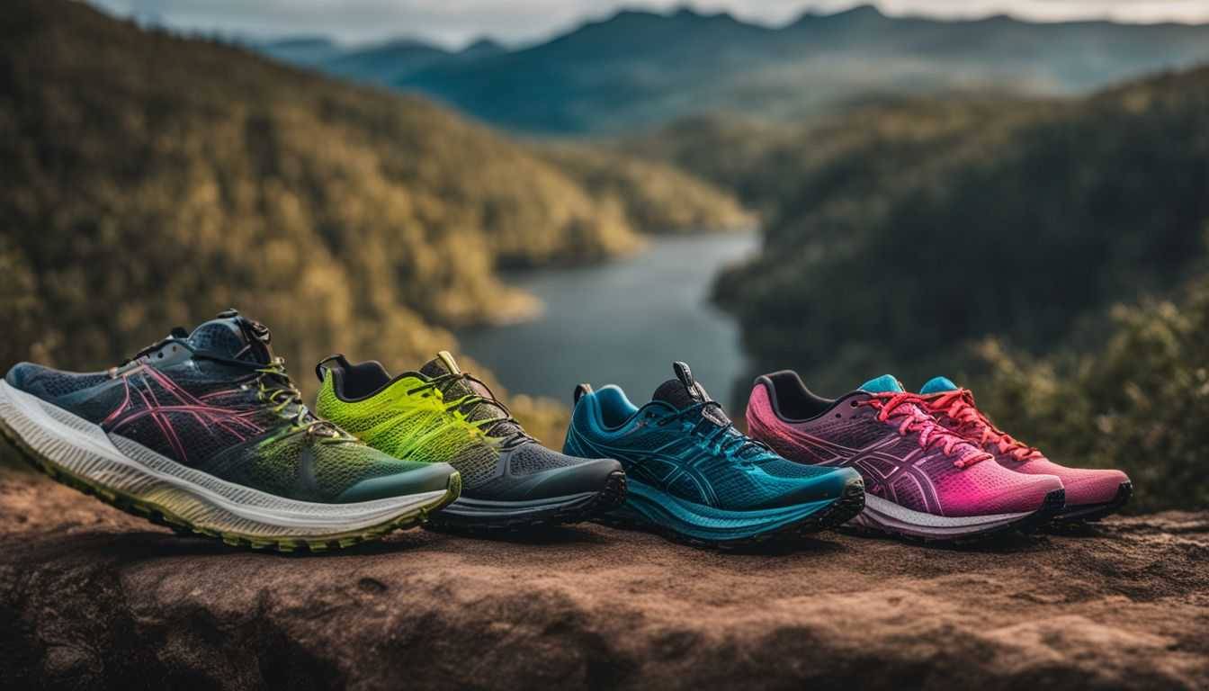A variety of running shoes arranged on a trail path.