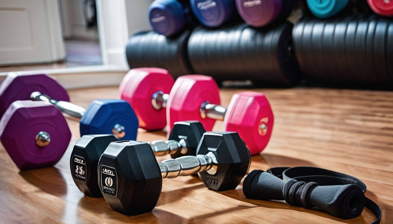 A home gym setup with dumbbells and resistance bands.