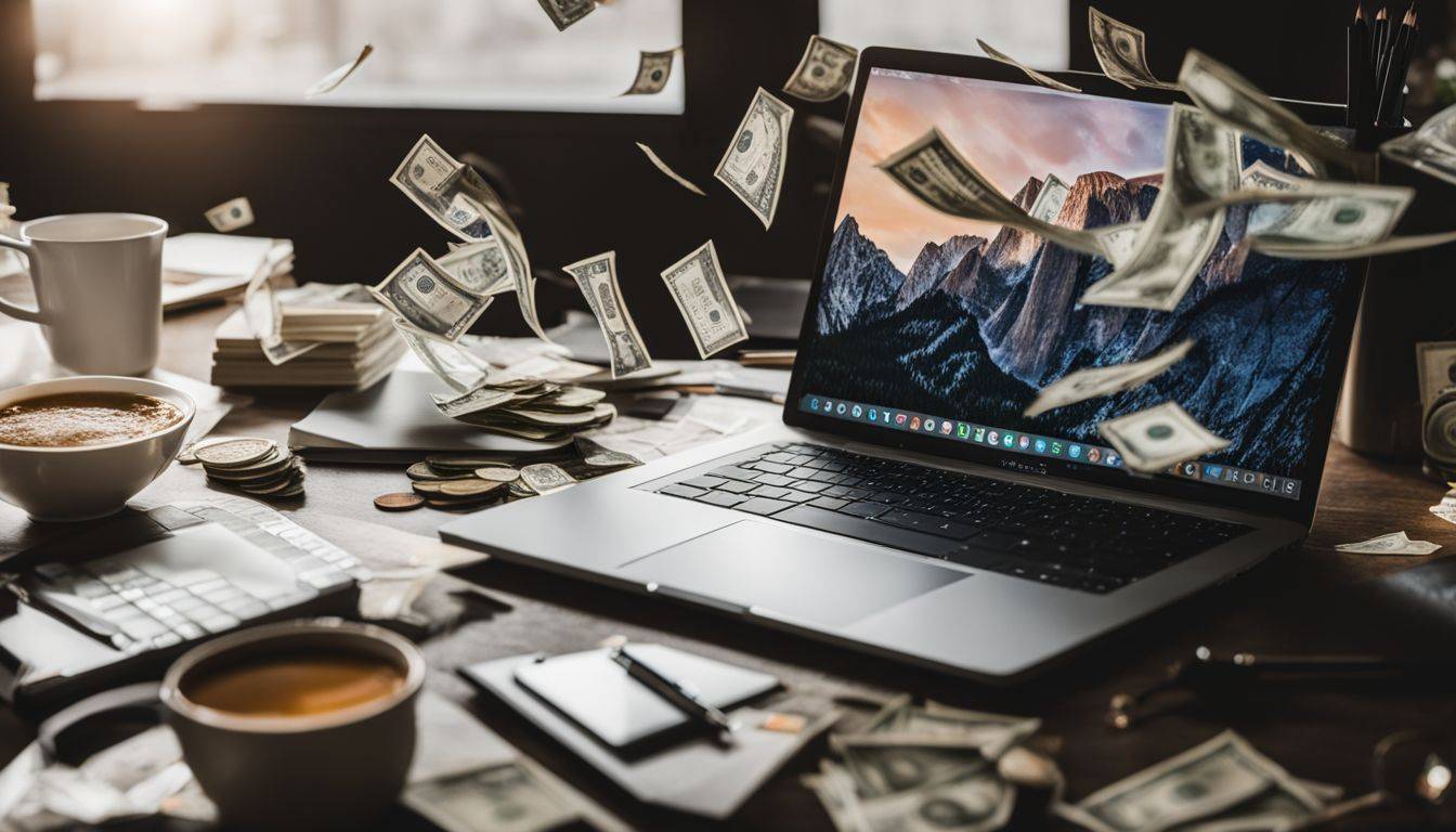 A laptop displaying money flying out surrounded by blogging tools.