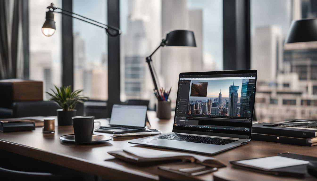 A laptop with a captivating ad displayed surrounded by various office supplies, cityscape photography, and diverse elements.