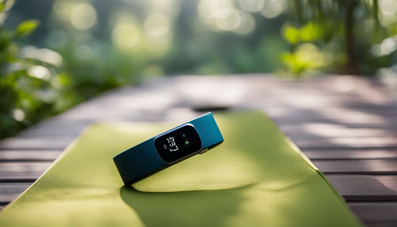 A Fitbit device on a yoga mat surrounded by nature.