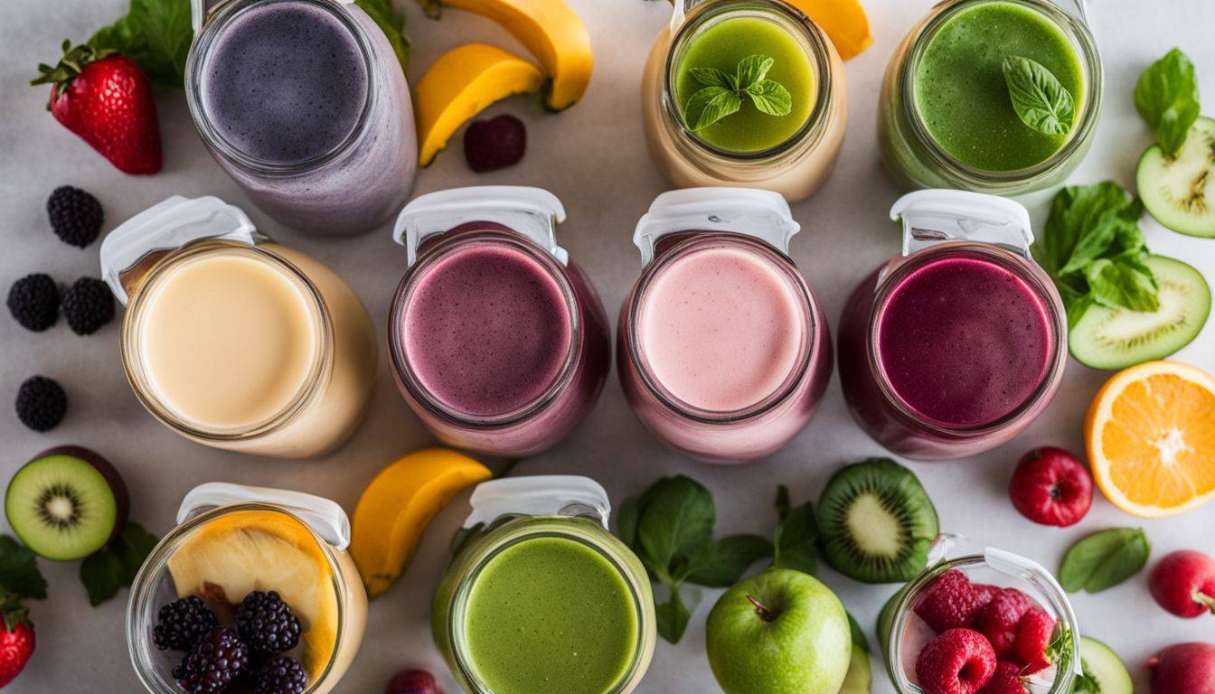 A variety of weight loss shakes surrounded by fresh fruits and vegetables.