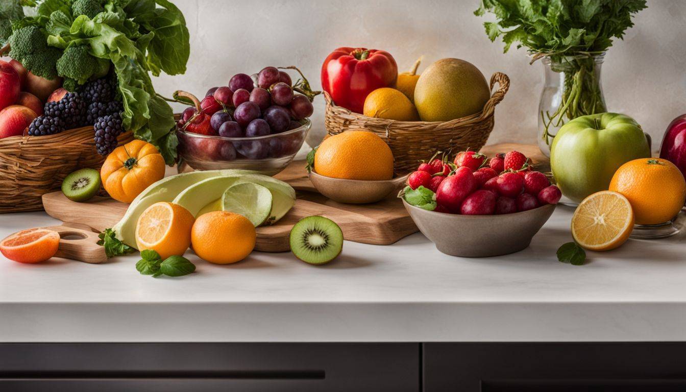 A variety of healthy fruits and vegetables displayed in a kitchen.