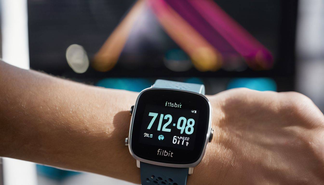 A Fitbit on a wrist with gym background, showcasing fitness.