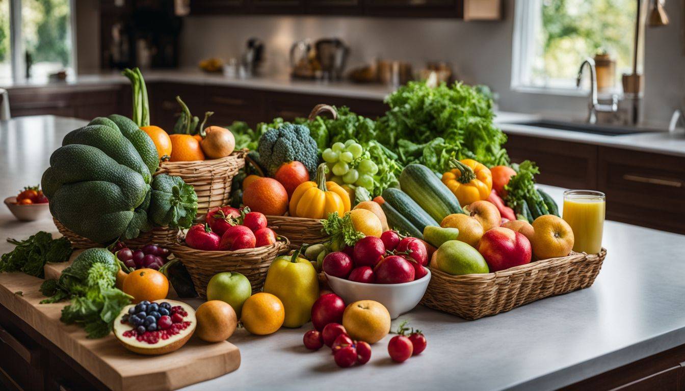 A vibrant assortment of fresh fruits and vegetables displayed in a bustling kitchen.