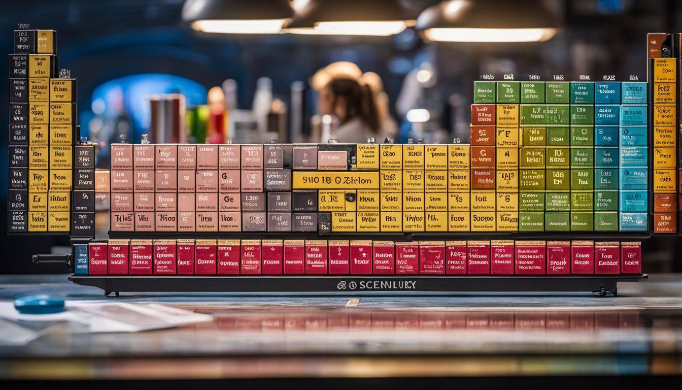 A vibrant periodic table with scientific equipment and a bustling atmosphere.