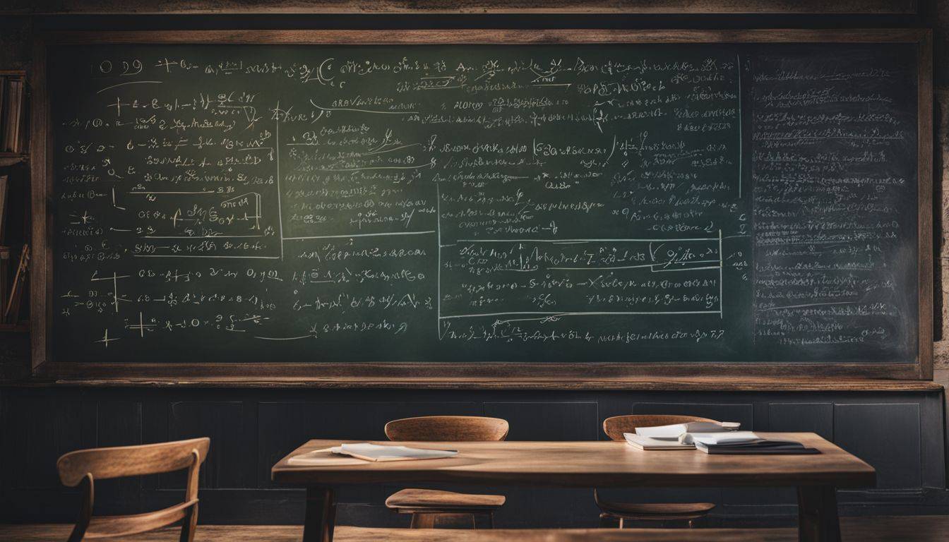 A collection of colorful mathematical equations and formulas on a chalkboard.