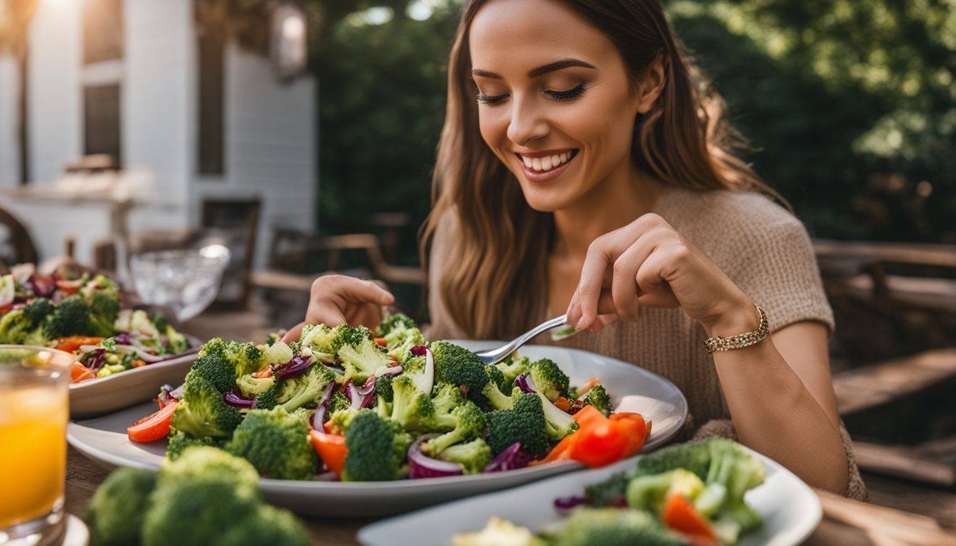A vibrant and bustling outdoor scene featuring a Crunchy Keto Broccoli Salad.