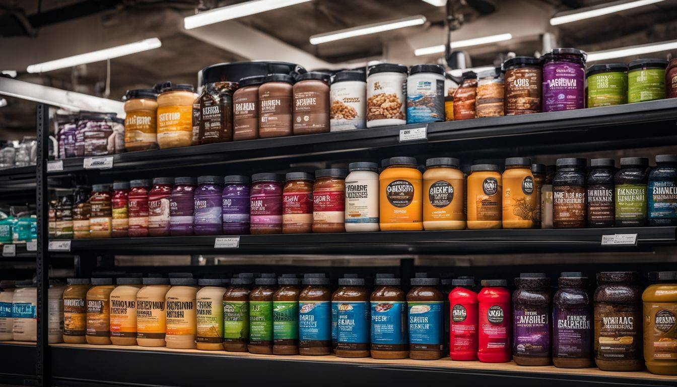 A variety of mass gainer brands and flavors displayed in a gym setting.