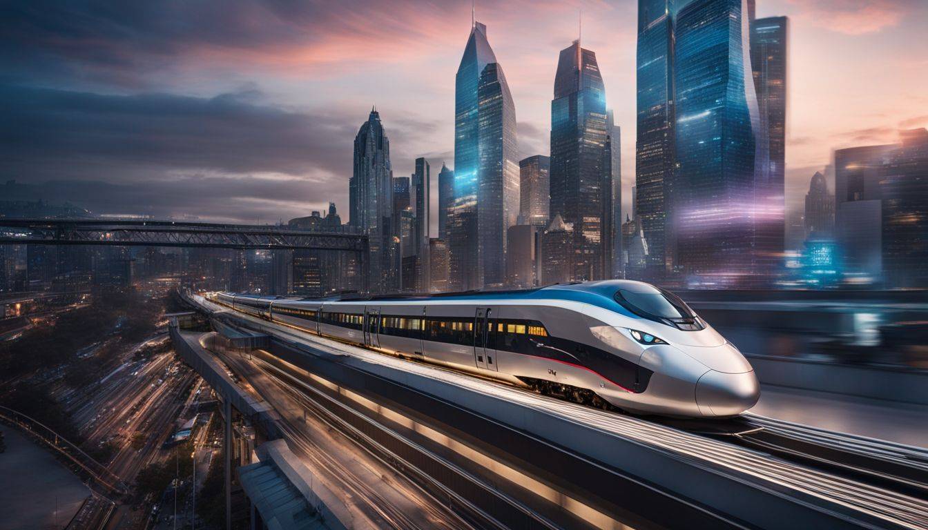 A high-speed train races through a futuristic cityscape in a bustling atmosphere.