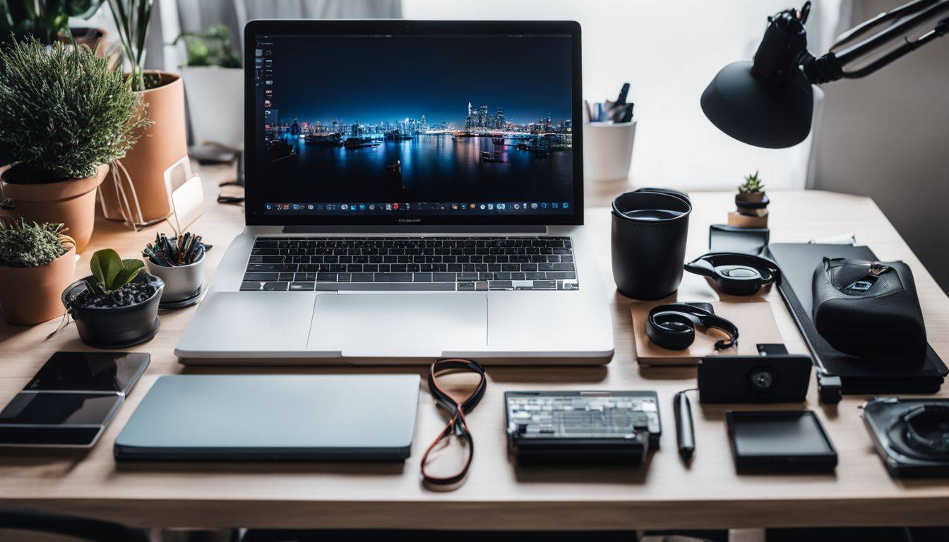 A laptop surrounded by various gadgets and tools on a clean desk in a bustling atmosphere.