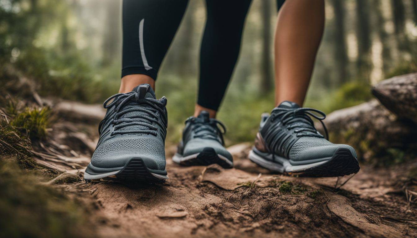 A pair of running shoes on a trail in a natural setting.